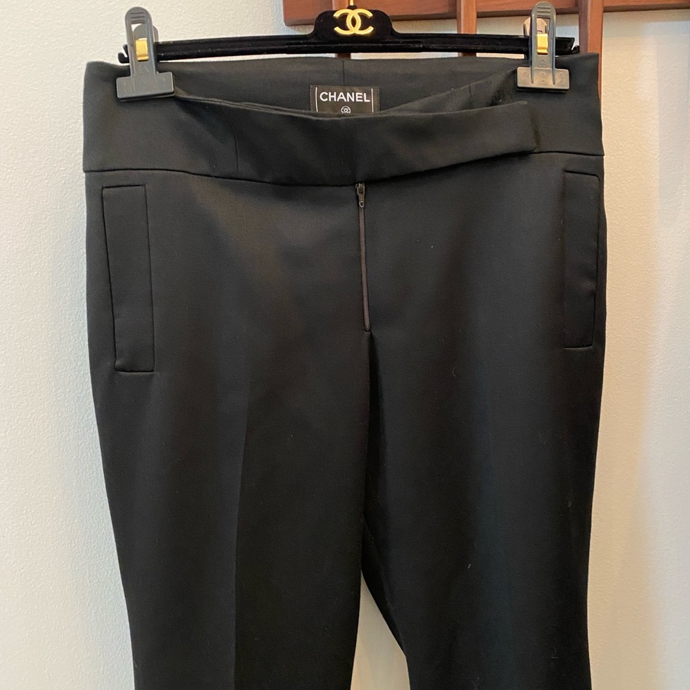 2006 Chanel Black Wool Trouser Pant with Silk Lining and Black Patent Leather CC